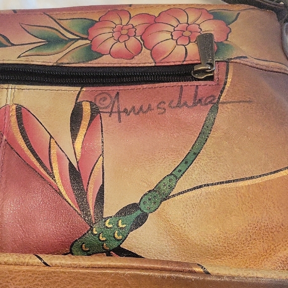 Anuschka Hand-Painted Leather Shoulder Bag - Floral Design 16" Wide 11 Long. - Picture 2 of 10